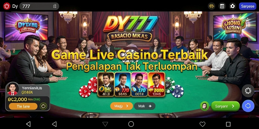 Screenshot gameplay DY777 menampilkan dealer profesional dan suasana kasino yang menyenangkan.