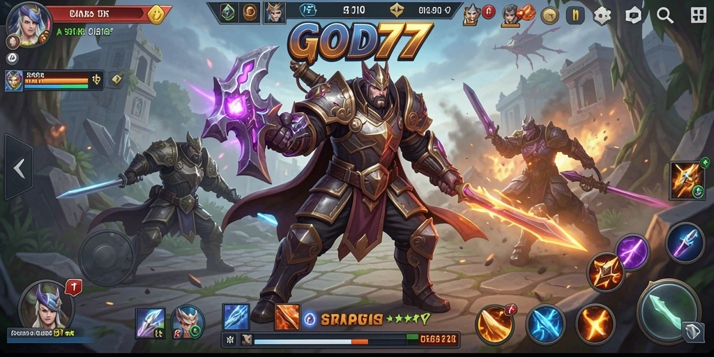 Tampilan gameplay dari GOD77 memperlihatkan aksi pertempuran strategis yang intens.