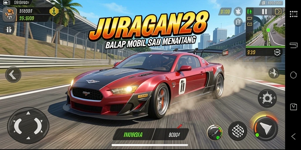 Tampilan gameplay mendebarkan JURAGAN28 dengan balapan mobil yang seru.