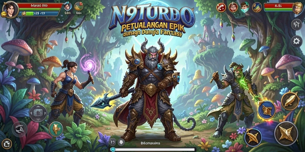 Tangkapan layar utama N9TURBO menampilkan aksi seru di dunia fantasy.
