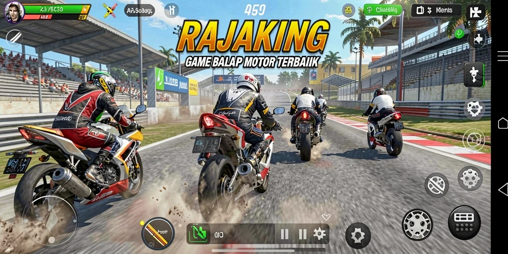 Screenshot utama RAJAKING menampilkan aksi balap motor yang mendebarkan.