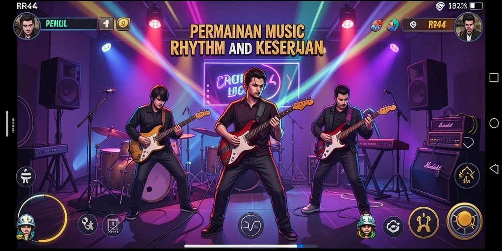 Screenshot gameplay RR44 dengan tampilan musik yang mengasyikkan.