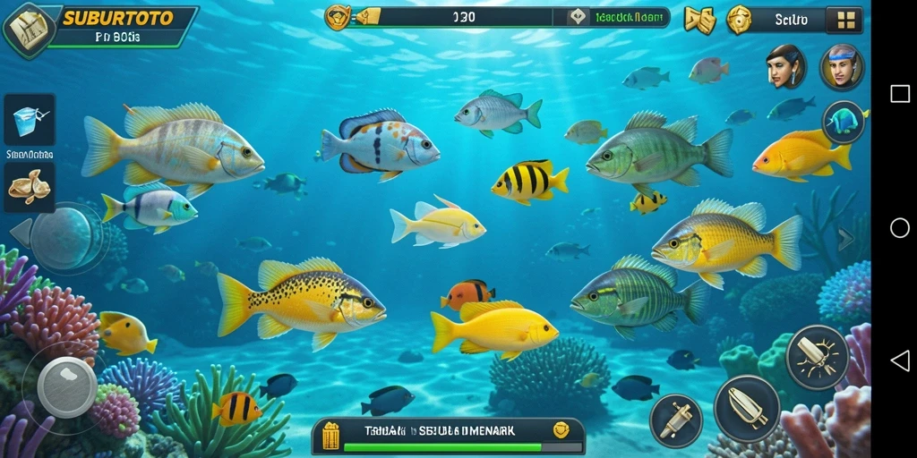 Tampilan gameplay SUBURTOTO saat menembak ikan dengan efek visual menarik.